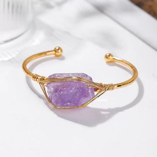 Raw Crystal Wire-Wrapped Gold Bangle, Chakra Healing Stone Bracelet