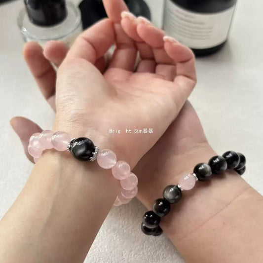 FANLORE Rose Quartz & Obsidian Couple Bracelet Set | Yin Yang Energy Balance