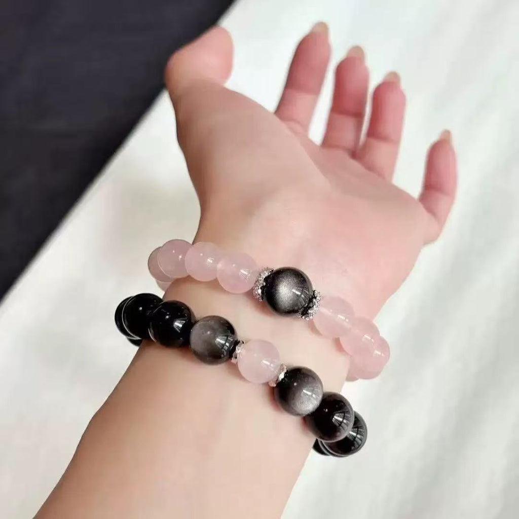 FANLORE  Rose Quartz & Obsidian Couple Bracelet Set | Yin Yang Energy Balance