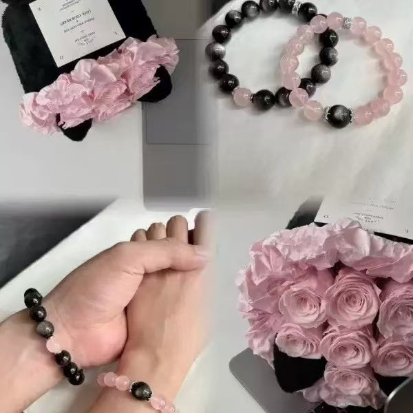 FANLORE  Rose Quartz & Obsidian Couple Bracelet Set | Yin Yang Energy Balance