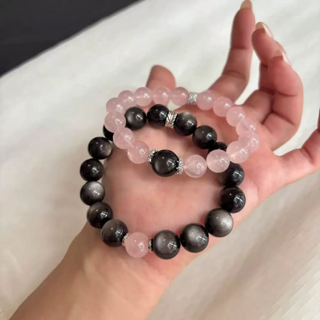 FANLORE  Rose Quartz & Obsidian Couple Bracelet Set | Yin Yang Energy Balance