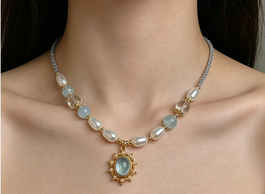 Healing Aquamarine Pendant Pearl Necklace for Women - Dainty Crystal Jewelry