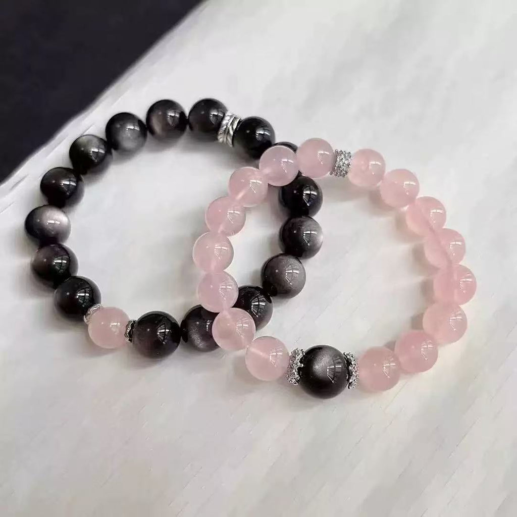 FANLORE  Rose Quartz & Obsidian Couple Bracelet Set | Yin Yang Energy Balance