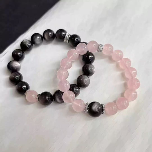 FANLORE  Rose Quartz & Obsidian Couple Bracelet Set | Yin Yang Energy Balance