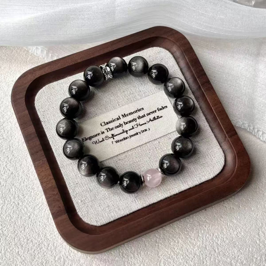 FANLORE  Rose Quartz & Obsidian Couple Bracelet Set | Yin Yang Energy Balance