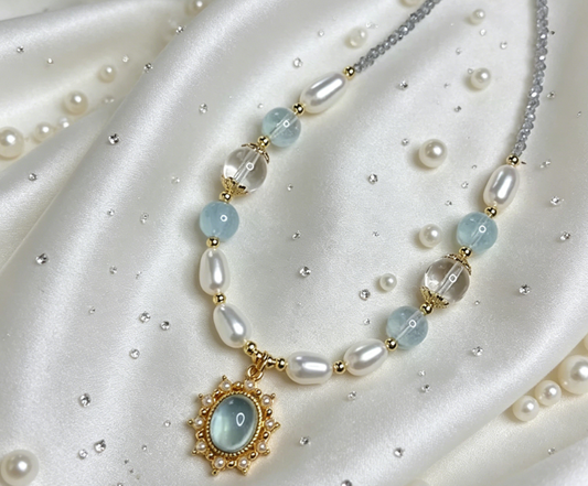 Healing Aquamarine Pendant Pearl Necklace for Women - Dainty Crystal Jewelry