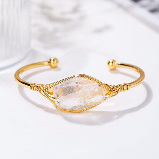 Raw Crystal Wire-Wrapped Gold Bangle, Chakra Healing Stone Bracelet